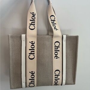 Chloe Woody Medium Tote Beige Canvas Logo Strap Linen Shopper Bag | Full Set